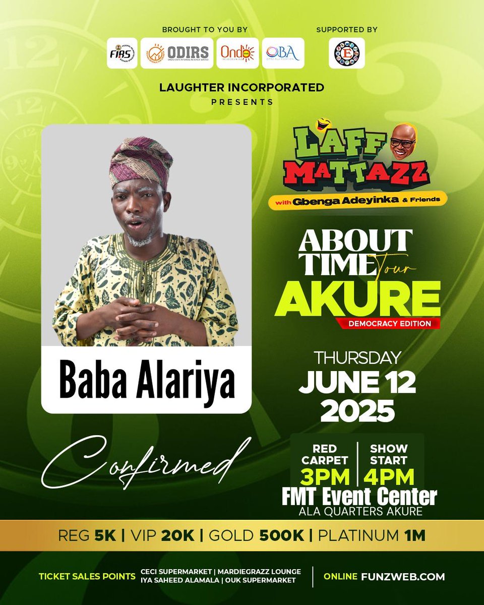 City Of Àkúrẹ́ (Olóyèmẹkun) (@akurecity) on Twitter photo Àkúré! #Laffmattazz with <a href="/gbengaadeyinka/">Gbenga Adeyinka 1st</a> and Friends Returns to Akure on
➡️Thursday June 12 2025
•EMIZUMA • <a href="/MCHONDASTEVO/">HONDASTEVO</a> •GENERAL OLAK •BABA ALARIYA would be LIVE to thrill you with Good performances 🔥
Venue is FMT EVENTS CENTER ALA QUARTERS Akure
Don't miss it
⏰ Àkúré! #Laffmattazz with <a href="/gbengaadeyinka/">Gbenga Adeyinka 1st</a> and Friends Returns to Akure on
➡️Thursday June 12 2025
•EMIZUMA • <a href="/MCHONDASTEVO/">HONDASTEVO</a> •GENERAL OLAK •BABA ALARIYA would be LIVE to thrill you with Good performances 🔥
Venue is FMT EVENTS CENTER ALA QUARTERS Akure
Don't miss it
⏰