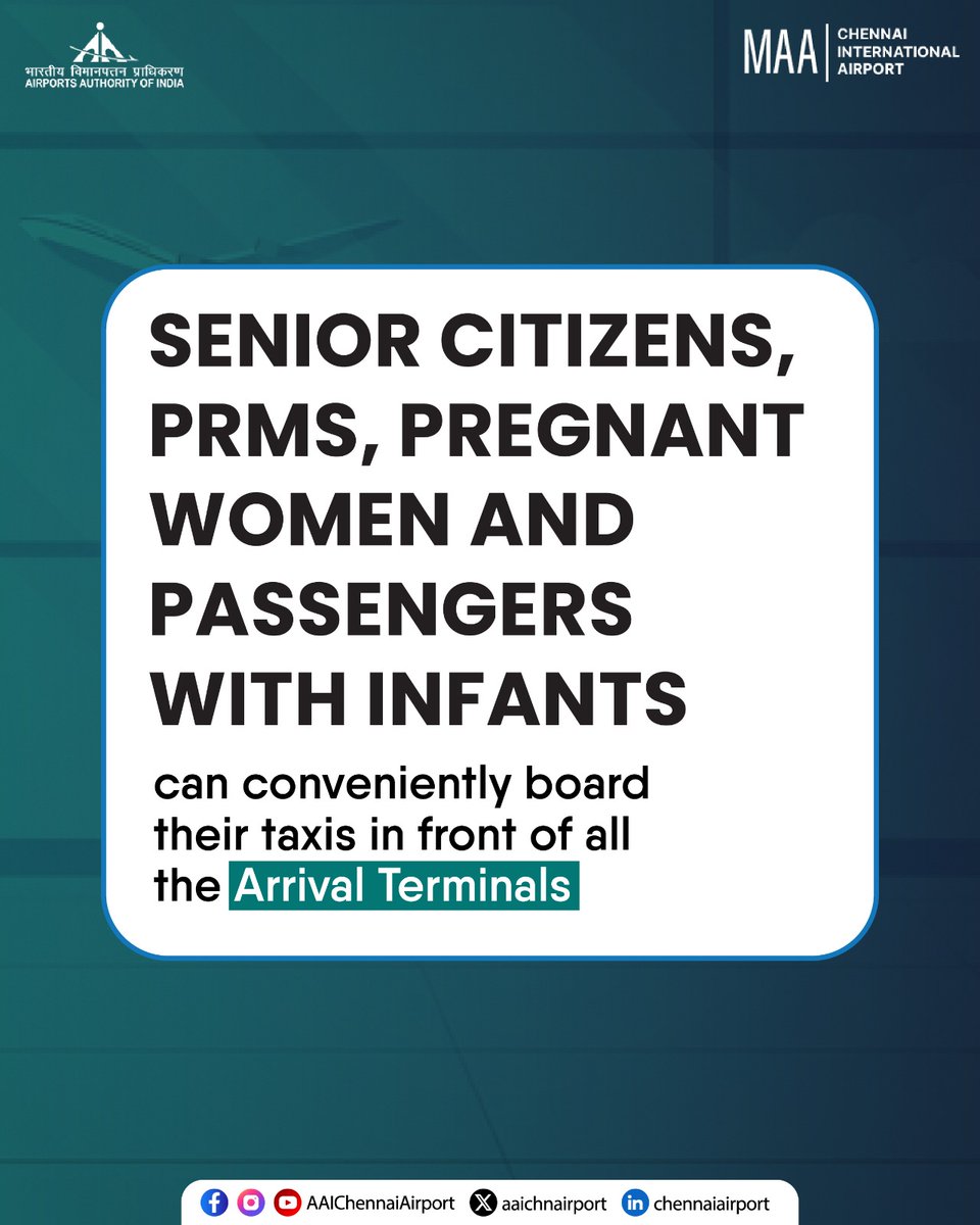Senior Citizens, Persons with Reduced Mobility (PRMs), Pregnant Women and Passengers with Infants can board taxis in front of all Arrival Terminals. For assistance, call 7305069709 / 8148894052.

#ChennaiAirport #AAIAirports  #AirportPickup 

<a href="/MoCA_GoI/">MoCA_GoI</a> | <a href="/AAI_Official/">Airports Authority of India</a>