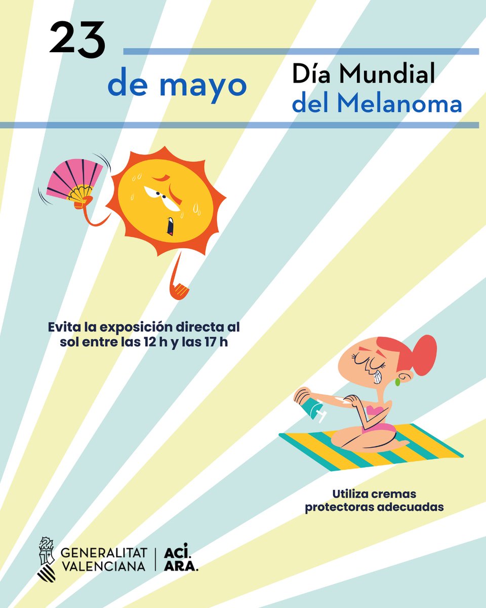 ☀️ Hoy es el #DíaMundialdelMelanoma recuerda:

☀️ Evitar la exposición solar directa sobrerodo entre las 12h y las 17h 

🧴 Utilizar protector solar +30SPF

🧢 Proteger la cabeza y el cuerpo

🔎 La autoexploración es importante para la detección precoz del melanoma