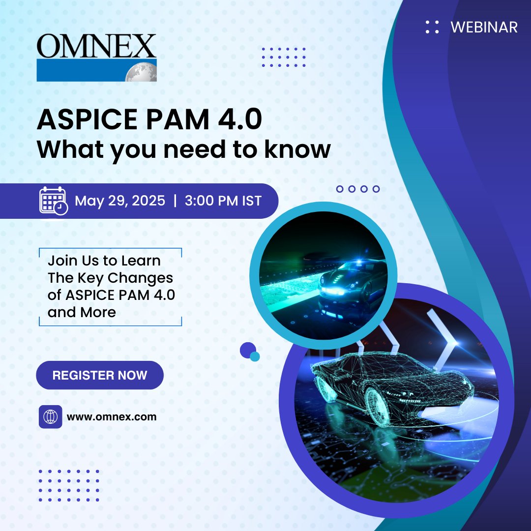 omnexindia's tweet image. 𝐀𝐫𝐞 𝐲𝐨𝐮 𝐫𝐞𝐚𝐝𝐲 𝐟𝐨𝐫 𝐀𝐒𝐏𝐈𝐂𝐄 𝐏𝐀𝐌 𝟒.𝟎?
𝐃𝐚𝐭𝐞 &amp;amp; 𝐓𝐢𝐦𝐞: May 29, 2025 | 3:00 PM IST
🔗 𝐑𝐞𝐠𝐢𝐬𝐭𝐞𝐫 𝐇𝐞𝐫𝐞: hubs.li/Q03nWqcw0

#AutomotiveSPICE #ASPICEPAM4 #PAM4 #ASPICETraining #ProcessAssessmentModel #AutomotiveSoftware #OmnexWebinar
