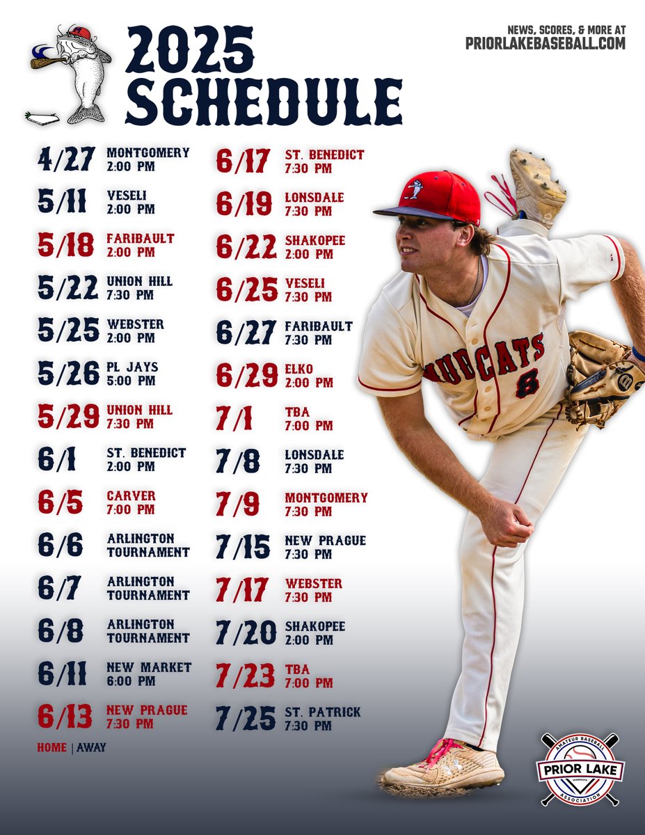 Get your 2025 <a href="/PLJaysBaseball/">Prior Lake Jays</a> &amp; @plmudcat Schedules here!  Print a copy to post on the fridge or send to a friend!  We'll see you at the ballpark this summer.

You can also find news, scores, and more online at priorlakebaseball.com.
