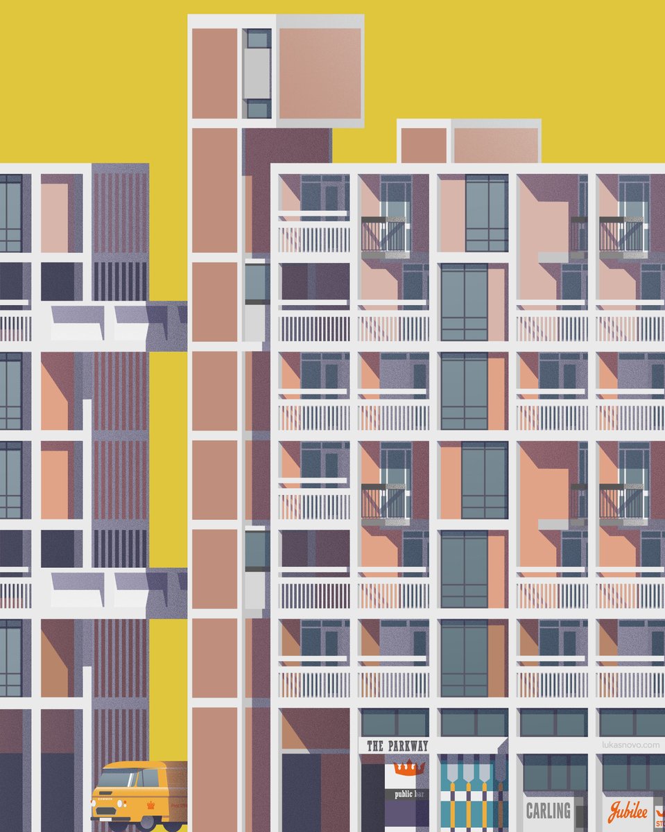 Sheffield’s Park Hill Flats (1957-1961). The Parkway was one of the original four pubs on the estate. The Carling and Jubilee ads were cast directly into the concrete (Jubilee was a beer produced by now defunct Hope &amp; Anchor Brewery in Sheffield). On my Etsy.