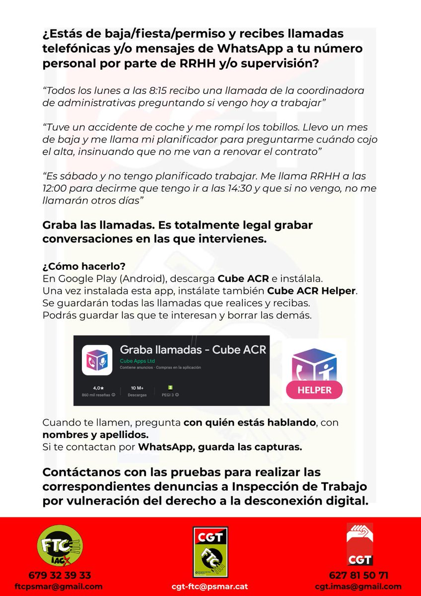 cgt_psmar's tweet photo. Desconexión Digital efectiva Genera pruebas grabando sus llamadas #laboral #sindical 
Pregunta siempre para que se identifique quien te esta llamando fuera de horario a tu numero personal #hospitaldelmar https://t.co/aqrDNI5MHk