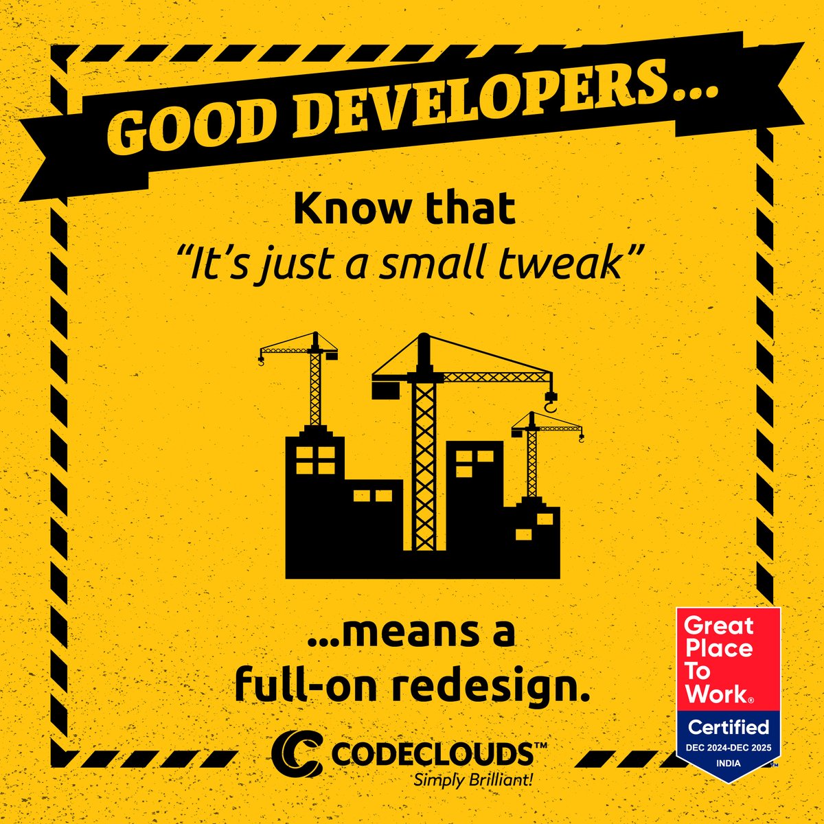codeclouds's tweet image. A good developer knows the truth behind every "quick fix".
Happy Friday to such legends who turn work to magic!
#FridayPun #DeveloperLife #CodeClouds