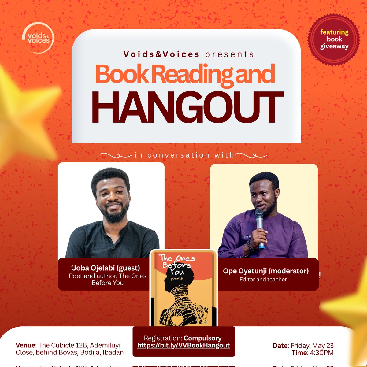 We'll be giving out free copies of The Ones Before You at the hangout today. 

Make it a date with us. 

For enquiries: 08129310136, 07037583458