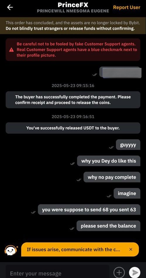 ayotomiwa44's tweet photo. A friend of mine sold $43 usdt this morning to one Princewill nmesoma Eugene (PrinceFX). The prince guy was supposed to send 68k but he sent 63k. This issue has been going on for a while on @bybit P2P where the buyer will intentionally remove 5k and if you're lucky, they'll https://t.co/CvlQTfu5Zs