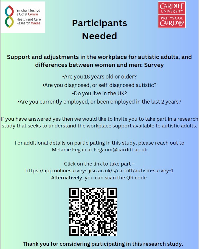 WARC_Cardiff's tweet image. Melanie Fegan from @cardiffuni is conducting @ResearchWales funded research on workplace supports for autistic adults.
If you are interested in taking part then follow the link: English language version: app.onlinesurveys.jisc.ac.uk/s/cardiff/auti…
Welsh language version: app.onlinesurveys.jisc.ac.uk/s/cardiff/auti…