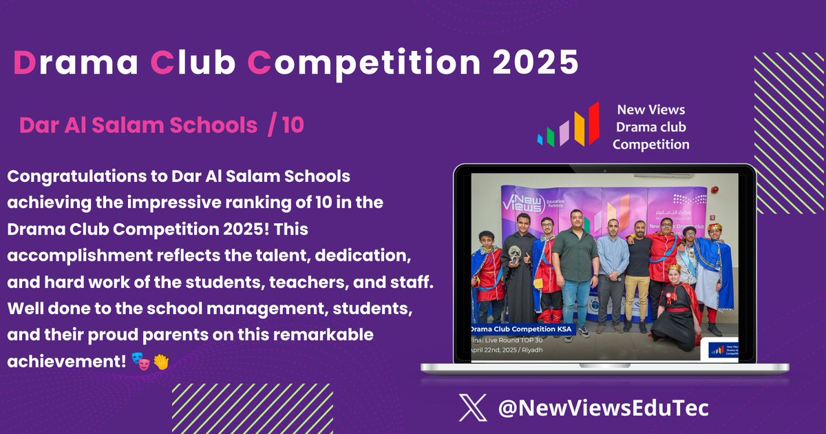 NewViewsEduTec's tweet photo. Congratulations to Dar Al Salam Schools🥳
#Drama_Club_Competition
#Learning_First
#Top_30 https://t.co/PxrsqQGu9u