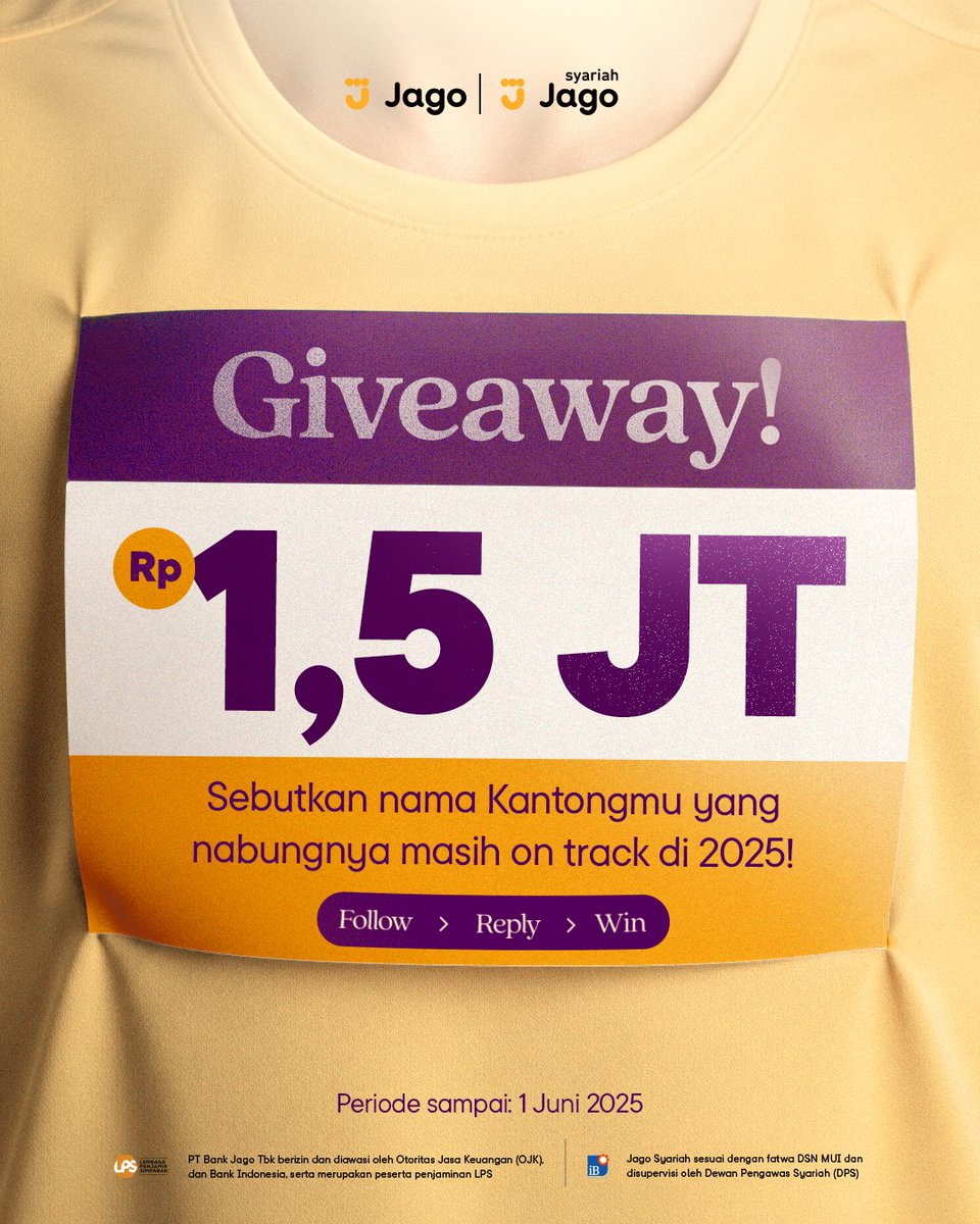 jadijago's tweet photo. 🚨GIVEAWAY 300RB! 
Buat 5 orang dengan cerita yang paling inspiratif!  

Caranya: 
1. Like tweet ini 
2. Follow @jadijago
3. Punya akun Jago/Jago Syariah 
4. Reply cerita kamu, mention 3 teman dan pake hashtag #SesuaiMaumu 

Periode sampai 1 Juni 2025

Good luck 🍀 https://t.co/D5lY9gsqmD