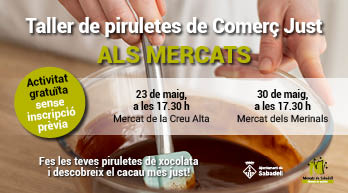 #AVUI Taller de piruletes de xocolata 🍫de #ComerçJust 

📍Al Mercat de la Creu Alta
🕐A les 17.30h

#ComerçiConsum #MercatsMunicipals #Sabadell