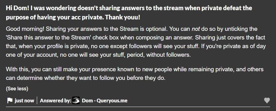 askmos_me's tweet photo. You can still share your answers to the global Stream feed even when private on https://t.co/0b2G20uq8E. Get discovered while keeping yourself safe!
#queryous #tgif #askfm #FridayVibes #friyay #askme #teen #blogging #friends https://t.co/xCvvtyFn9C