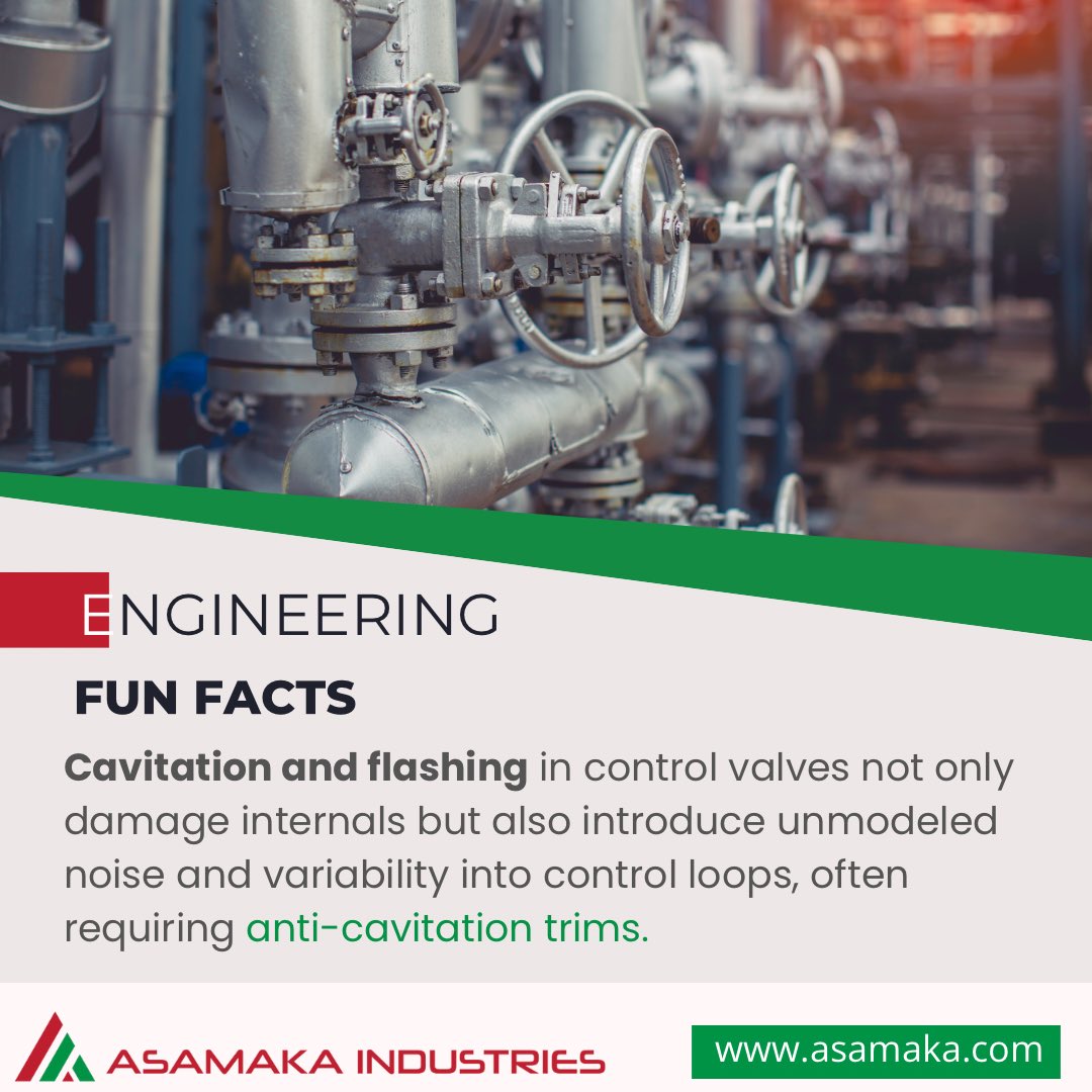asamaka_nigeria's tweet image. Did You Know? Cavitation and flashing in control valves not only damage internals but also introduce unmodeled noise and variability into control loops, often requiring anti-cavitation trims.
#AdvancedProcessControl #ControlValveDynamics
#AutomationEngineering #PIDDiagnostics