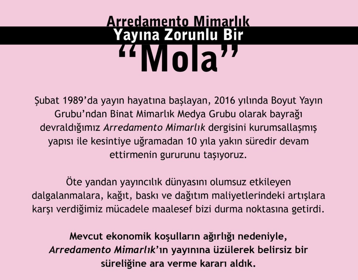 emreerbirer's tweet photo. Arredamento Mimarlık yayın hayatına ara veriyormuş. Zaten elimizde az kalan nitelikli yayınlardan biri daha kayboluyor. @arredamentomim https://t.co/fJyWnAqSqc