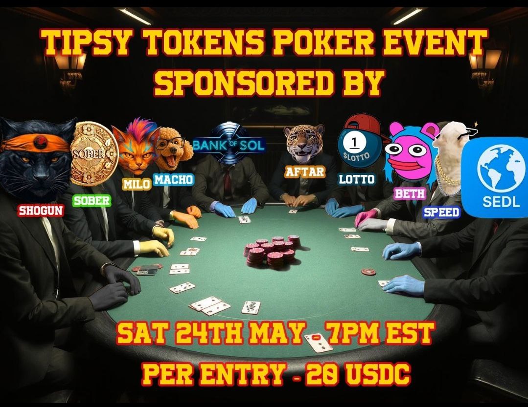 TiPsY ToKeNs CrYpTo (@tokens99206) on Twitter photo Macho, Shogun, Sobercoin, Milo, BankofSol, AFTAR, Lotto, Beth, Speed and Sedl are sponsoring and supporting TiPsY ToKeNs <a href="/tokens99206/">TiPsY ToKeNs CrYpTo</a> in the next Gas Sushi Poker Event.
As a thank you for participating, Tipsy Tokens will be randomly airdropping individuals who have taken part in Macho, Shogun, Sobercoin, Milo, BankofSol, AFTAR, Lotto, Beth, Speed and Sedl are sponsoring and supporting TiPsY ToKeNs <a href="/tokens99206/">TiPsY ToKeNs CrYpTo</a> in the next Gas Sushi Poker Event.
As a thank you for participating, Tipsy Tokens will be randomly airdropping individuals who have taken part in