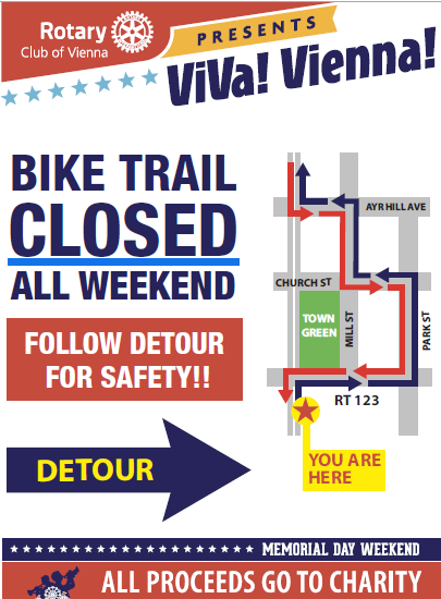 If you're planning on travelling through Vienna this weekend, please be aware that the trail will be detoured for the Viva! Vienna! 2025 festival.  The detour will take you from Ayr Hill Ave to Mill St to Church St to Park St to Maple Ave and back to the trail.