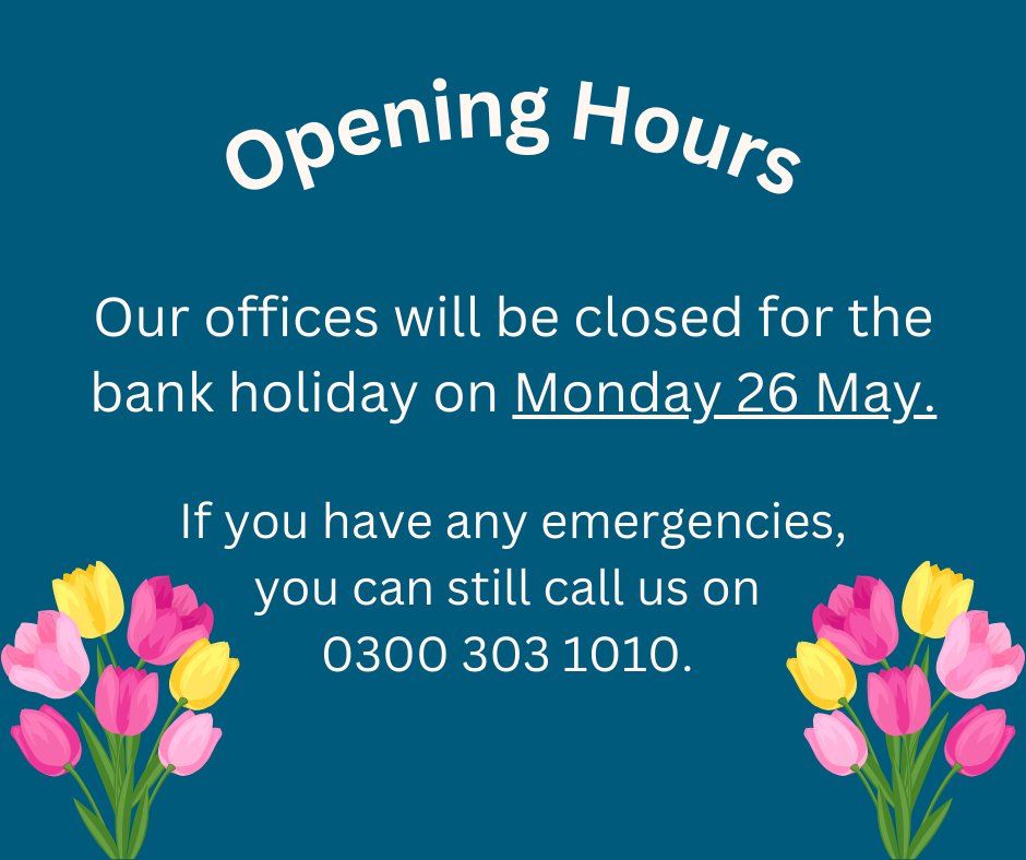 It's another bank holiday weekend! All of our offices will be closed on Monday 26 May. We'll still be available for you to raise emergency repairs; find out what's included here: bit.ly/3RN53Eu