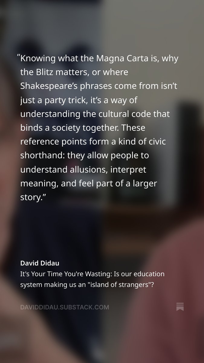 Robert Pondiscio (@rpondiscio) on Twitter photo Excellent <a href="/DavidDidau/">David Didau</a> piece asks if U.K. schools are "however unintentionally, contributing to the sense many young people have of being strangers in a strange land?" The question applies no less aptly to American education.
open.substack.com/pub/daviddidau… Excellent <a href="/DavidDidau/">David Didau</a> piece asks if U.K. schools are "however unintentionally, contributing to the sense many young people have of being strangers in a strange land?" The question applies no less aptly to American education.
open.substack.com/pub/daviddidau…