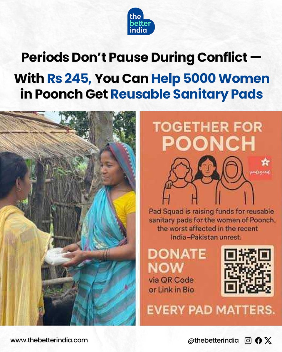 thebetterindia's tweet photo. When bombs fell on Poonch, headlines spoke of destruction.
What did they miss? Thousands of displaced women still lack access to period products.
Imagine fleeing your home — and getting your period. No access. No hygiene. No dignity.
#TogetherForPoonch #PeriodKit #SupportPoonch #PadSquad #Fabpad #ReusablePads #DonateNow #OperationSindoor