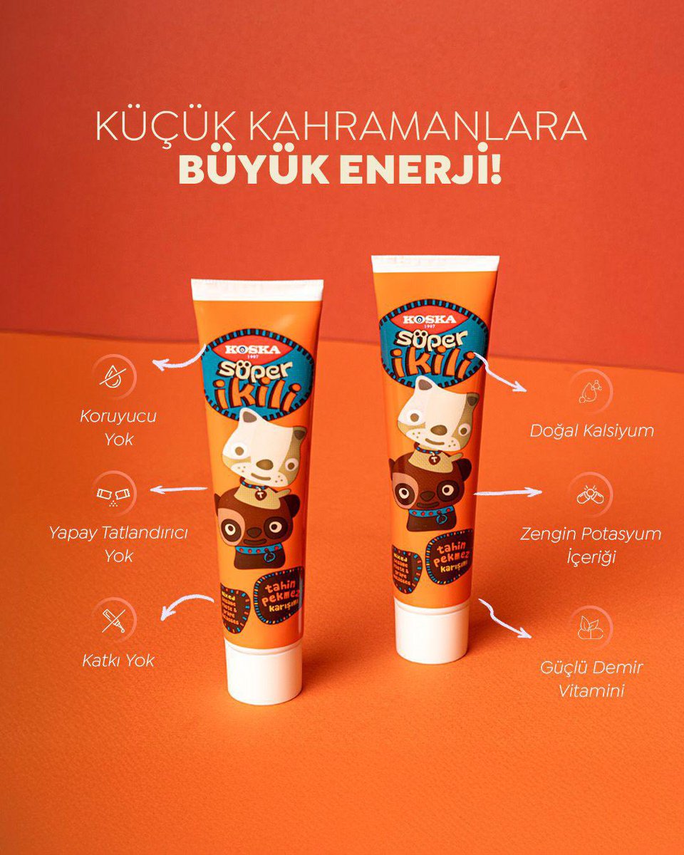 Okula koş, oyuna dal, enerjin hiç bitmesin!
Koska Süper İkili, tahin ve pekmezin doğal gücünü pratik tüp ambalajda birleştiriyor.
💪 Doğal kalsiyum
⚡ Zengin potasyum
🛡️ Güçlü demir vitamini