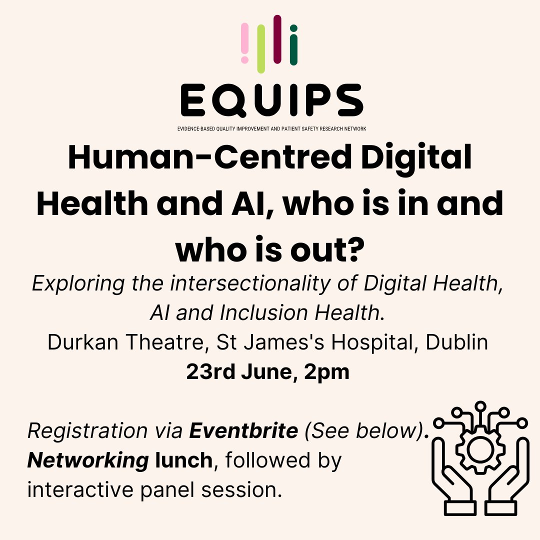 EQUIPS Research Network (@equipsirl) on Twitter photo Join us at <a href="/stjamesdublin/">St James's Hospital</a> on 23rd June at 2pm for a networking lunch, and interactive panel session on digital health, social inclusion and AI.
Registration is via Eventbrite (link in thread)
We are hoping online dial in will be available - see Eventbrite for ticket options Join us at <a href="/stjamesdublin/">St James's Hospital</a> on 23rd June at 2pm for a networking lunch, and interactive panel session on digital health, social inclusion and AI.
Registration is via Eventbrite (link in thread)
We are hoping online dial in will be available - see Eventbrite for ticket options