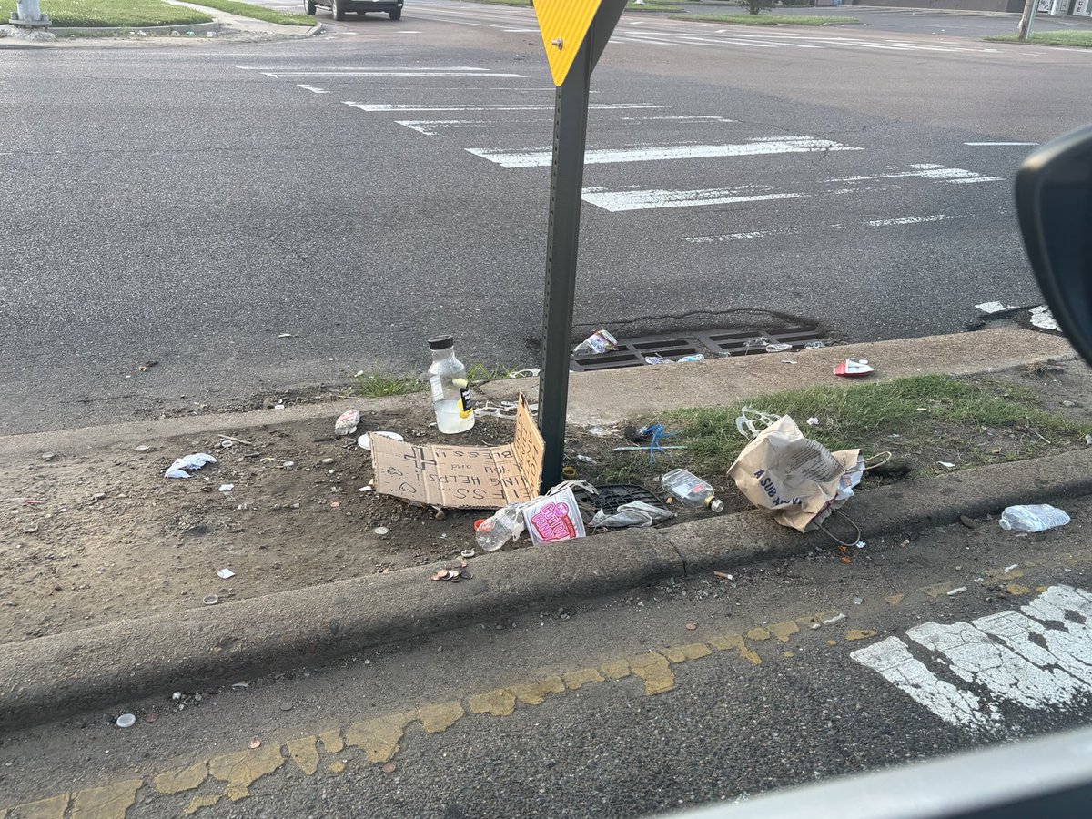Not every intersection in Memphis looks like this but it’s still awful.
Even the less fortunate, who decide to panhandle, can throw their trash into a receptacle.
And for people who throw it out their car window, you are what you throw out.