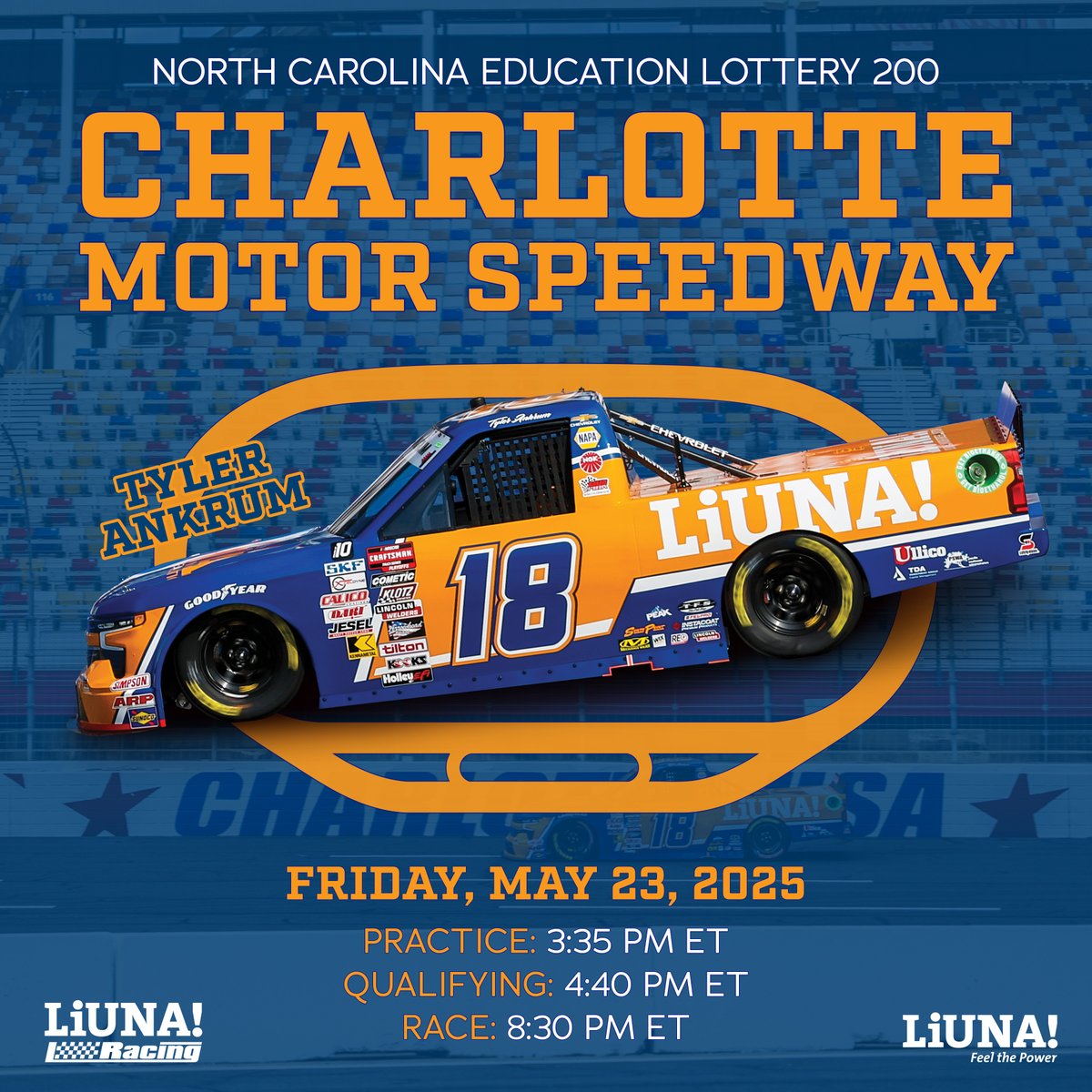 LECET's tweet photo. It’s race night, y’all! @TylerAnkrum and the No. 18 @LIUNA Chevy is rolling into @CLTMotorSpdwy, and we’ve got our contractor partner Frontier Natural Gas Company right there with us. Catch it tonight on FS1!
#LIUNARacing #FeelThePower #YourWorkforceSolution
@maLiUNA https://t.co/HyLnlnXzW2