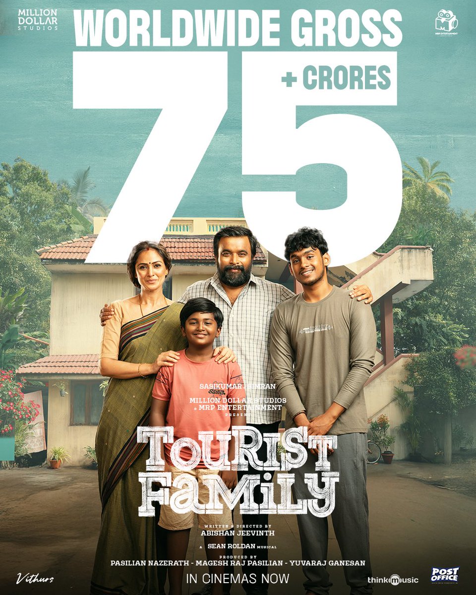 MRP ENTERTAINMENT (@mrp_entertain) on Twitter photo #TouristFamily Hits 75+ CRORES WORLDWIDE GROSS 💥💥
Overwhelmed with love ❤️
Thank you for making our wholesome family entertainer a worldwide success.
Written & directed by @abishanjeevinth ✨
A <a href="/RSeanRoldan/">Sean Roldan</a> musical 🎶 #TouristFamily Hits 75+ CRORES WORLDWIDE GROSS 💥💥
Overwhelmed with love ❤️
Thank you for making our wholesome family entertainer a worldwide success.
Written & directed by @abishanjeevinth ✨
A <a href="/RSeanRoldan/">Sean Roldan</a> musical 🎶