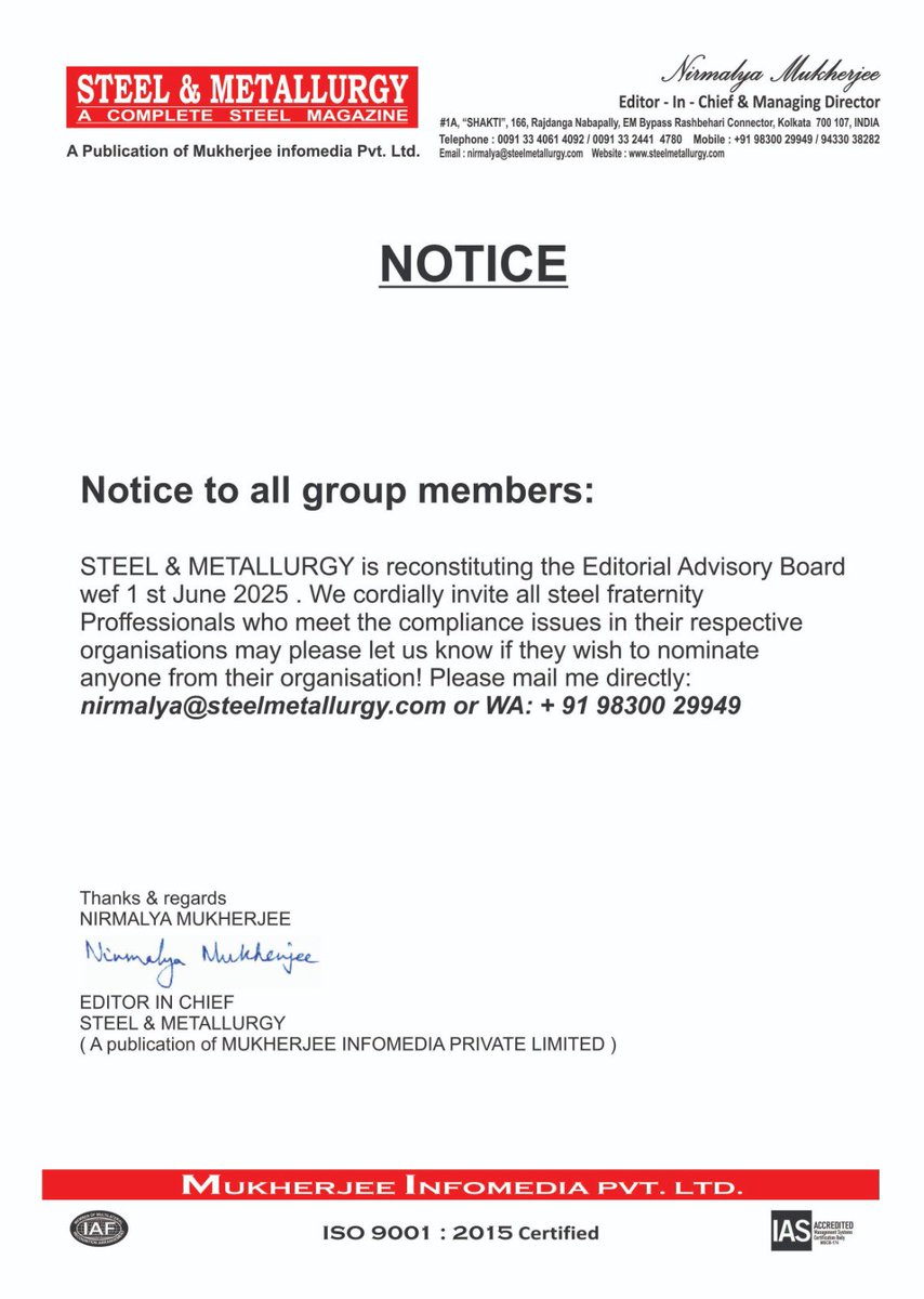 We are reconstituting our Editorial Board ! Please let us know if you wish to join 🙏#steel #india #ministryofsteel