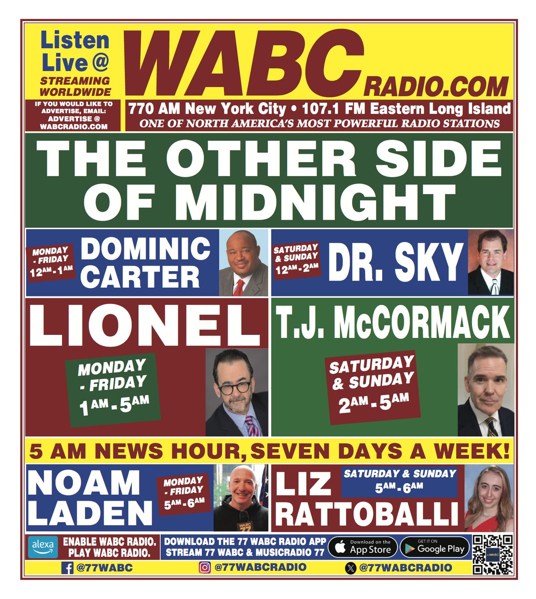 77WABCradio's tweet image. It doesn't get better than this!

Check out our unbeatable overnight lineup:
@DominicTV
Dr. Sky
@LionelMedia
@TJMcCormack
@NoamLaden
@LizRattoballi

Listen live at wabcradio.com

#77WABC #OvernightRadio #TalkRadio