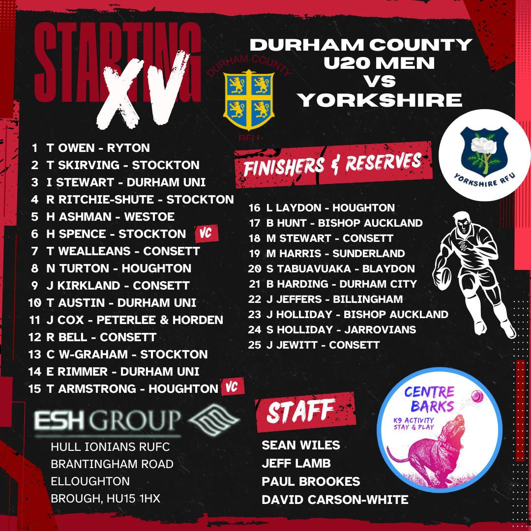 Durham County RFU (@durhamrfu) on Twitter photo Our U20's are in action tomorrow away to <a href="/yorkshire_rfu/">YorkshireRFU</a>. The match is being played @hullionians k 12.30pm.
<a href="/RytonRUFC/">Ryton RFC</a> <a href="/stocktonrugby/">Stockton Rugby Club</a> @durhamuniversityrfc @westoerfc @consettrugbyclub @houghtonrugby @peterleeandhorden <a href="/barufc/">charles flores calle</a> @sunderlandrfc @jarrovians_rufc @billinghamrugbyclub Our U20's are in action tomorrow away to <a href="/yorkshire_rfu/">YorkshireRFU</a>. The match is being played @hullionians k 12.30pm.
<a href="/RytonRUFC/">Ryton RFC</a> <a href="/stocktonrugby/">Stockton Rugby Club</a> @durhamuniversityrfc @westoerfc @consettrugbyclub @houghtonrugby @peterleeandhorden <a href="/barufc/">charles flores calle</a> @sunderlandrfc @jarrovians_rufc @billinghamrugbyclub