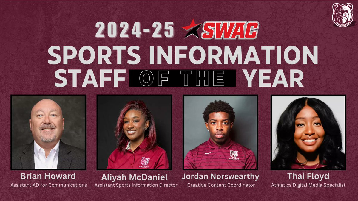 College Sports Communicators (@collsportscomm) on Twitter photo Congratulations to the <a href="/_AAMUAthletics/">Alabama A&M Athletics</a> athletics communications office on being named the 2024-25 <a href="/theswac/">Southwestern Athletic Conference</a> Sports Information Staff of the Year!
CSC member <a href="/brianhoward33/">𝘽𝙧𝙞𝙖𝙣 𝙃𝙤𝙬𝙖𝙧𝙙</a> was also named Chairperson of the SWAC Sports Information Directors Committee. Congrats, Brian!
🔗: Congratulations to the <a href="/_AAMUAthletics/">Alabama A&M Athletics</a> athletics communications office on being named the 2024-25 <a href="/theswac/">Southwestern Athletic Conference</a> Sports Information Staff of the Year!
CSC member <a href="/brianhoward33/">𝘽𝙧𝙞𝙖𝙣 𝙃𝙤𝙬𝙖𝙧𝙙</a> was also named Chairperson of the SWAC Sports Information Directors Committee. Congrats, Brian!
🔗: