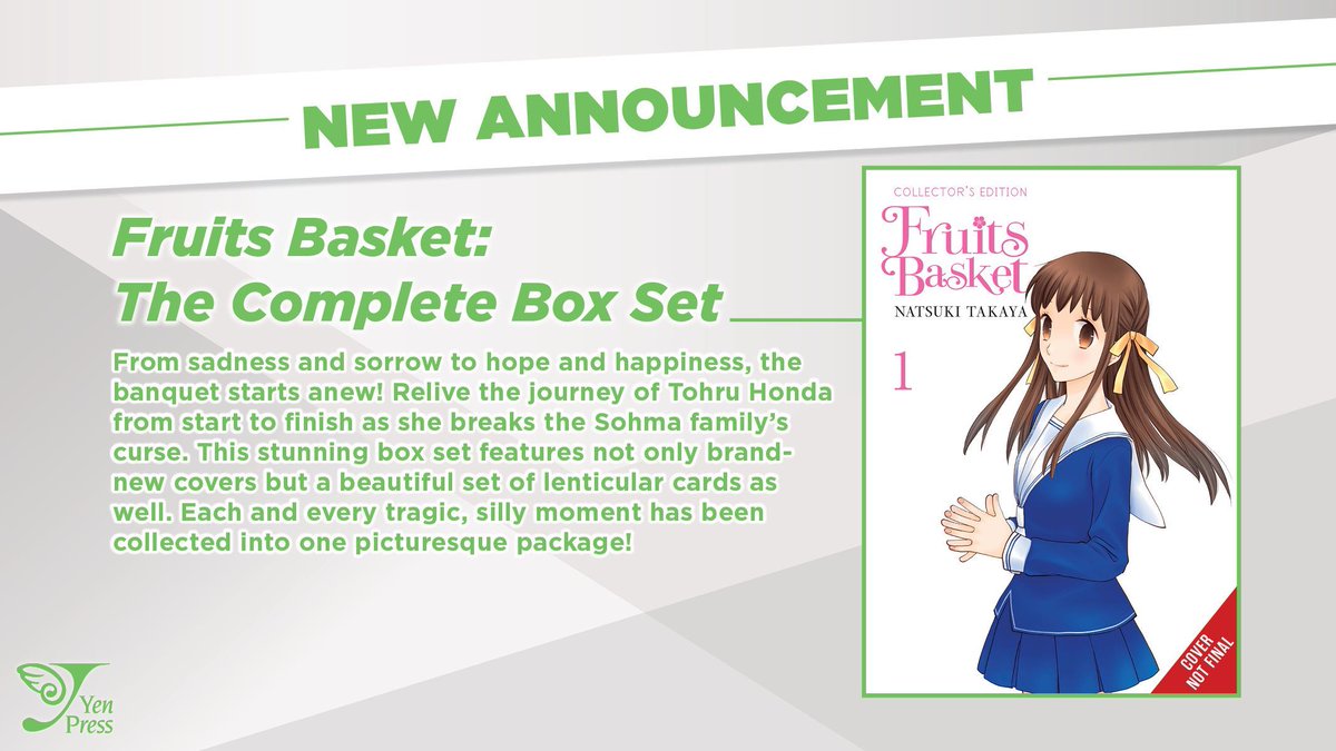 yenpress's tweet photo. ANNOUNCEMENT: Fruits Basket: The Complete Box Set

Relive the journey of Tohru Honda from start to finish as she breaks the Sohma family’s curse! This stunning box set features not only brand-new covers but a beautiful set of lenticular cards wrapped up into one picturesque package!