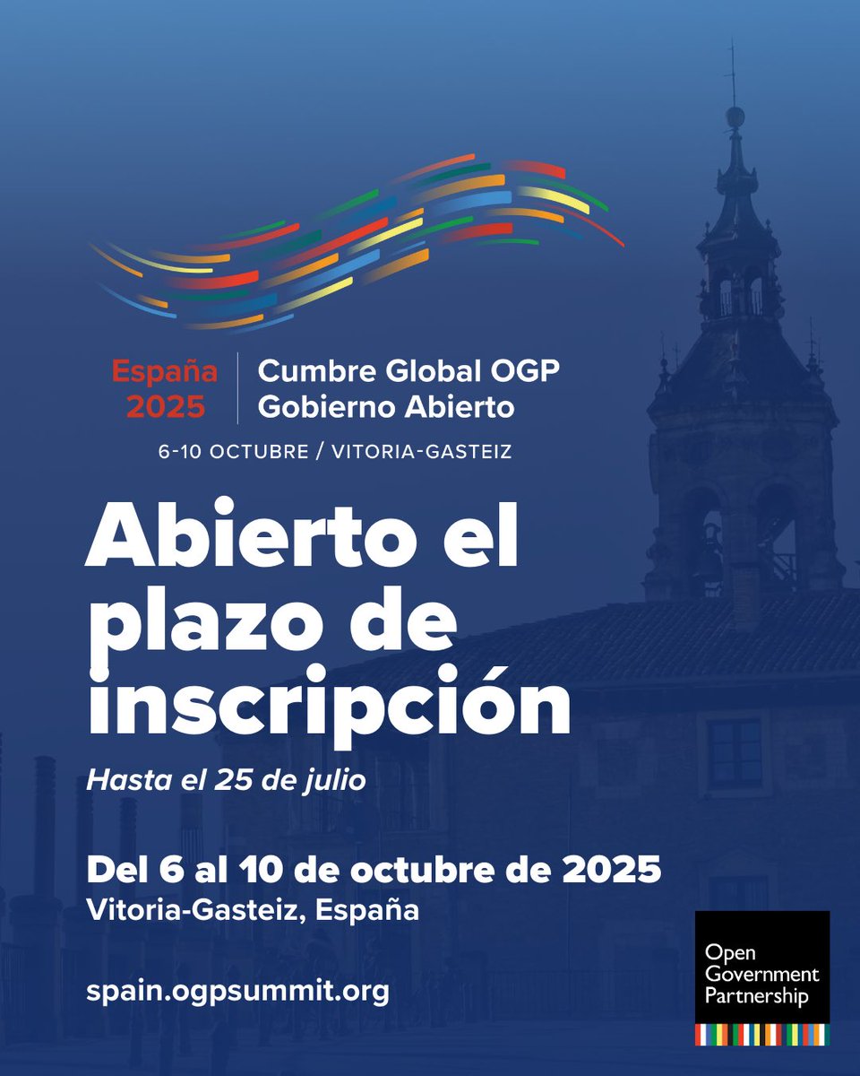 Ministerio Transformación Digital Función Pública (@mintradigital) on Twitter photo 🚨Ya puedes inscribirte en la Cumbre Global de <a href="/opengovpart/">Open Gov Partnership</a> 2025.
La Cumbre reunirá a más de 2.000 representantes de gobiernos, líderes de la sociedad civil y responsables políticos de todo el mundo.
📍 Vitoria-Gasteiz
📅 Del 6 al 10 de octubre
🎟️ Reserva: bit.ly/ogpsummit-2025 🚨Ya puedes inscribirte en la Cumbre Global de <a href="/opengovpart/">Open Gov Partnership</a> 2025.
La Cumbre reunirá a más de 2.000 representantes de gobiernos, líderes de la sociedad civil y responsables políticos de todo el mundo.
📍 Vitoria-Gasteiz
📅 Del 6 al 10 de octubre
🎟️ Reserva: bit.ly/ogpsummit-2025
