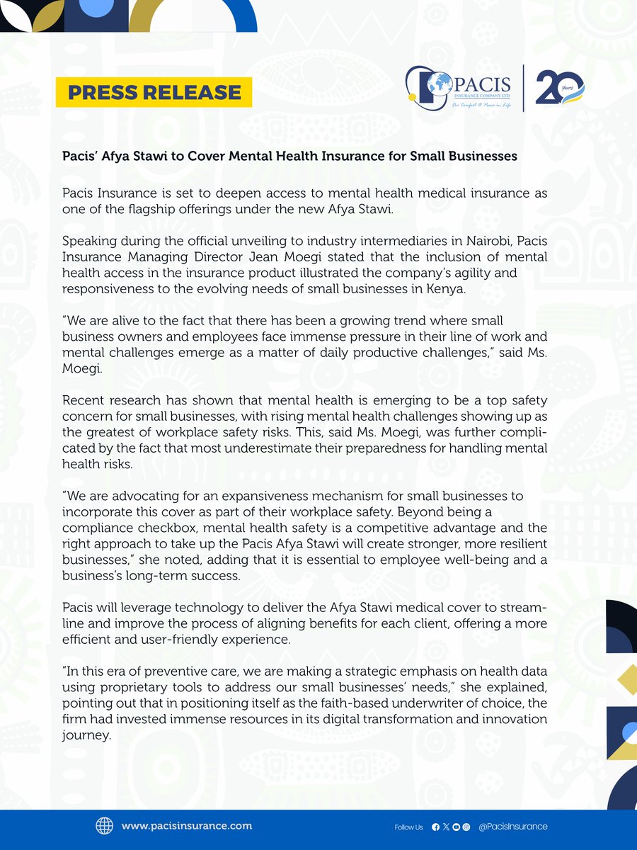 PacisInsurance's tweet photo. PRESS RELEASE: Pacis Insurance Launches ‘Afya Stawi’ – A Tailored Medical Cover for Kenya’s SMEs
#PacisAfyaStawi #SMECover #AffordableHealthcare https://t.co/oxRhgYvdcl