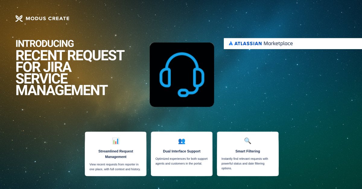 ModusCreatePS's tweet photo. 🚨 New App: Recent Requests for Jira Service Management

See all past requests from the same reporter — right in the issue view.
No JQL. No digging. Just faster, smarter support.

Built for #JiraServiceManagement → link in comments 👇
#AtlassianMarketplace #JiraApps #ModusCreate https://t.co/1oW3VYWAcC