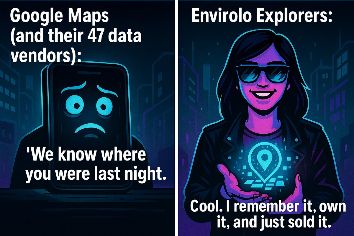 envirolo_'s tweet photo. Google Maps (and their 47 data vendors 👀):
“We know where you were last night.” 🔪

Envirolo Explorers 🫂:
"Cool. I remember it, own it, and just sold it."💅

💰 Monetise your exploration.
🗺️Create and control the map.

#Envirolo has your back! - Explore-to-Earn coming soon... https://t.co/zGvOidJleN