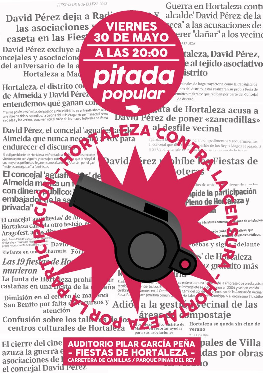📣 En Hortaleza nos sobran los motivos

El viernes 30 de mayo, a las 20.00 horas, pitada popular contra el concejal David Pérez en el pregón de las fiestas, dentro del auditorio del parque Pinar del Rey

Ya que el concejal no nos escucha, hagamos que nos oiga bien fuerte 🔔