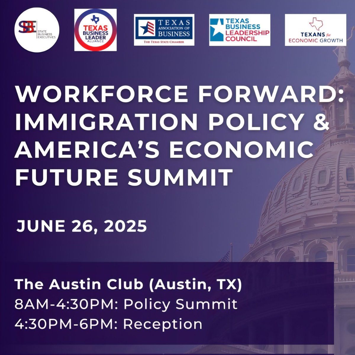 StateBizExecs's tweet photo. Workforce Forward Immigration Summit- register today for this free Summit on real #solutions Thanks to partners @txbiz @TX_BLC @lvlcc @azfb #immigration #workforce #industry #business #community #immigrationreform https://t.co/Kq4cXxh20t https://t.co/CspTig7RqZ