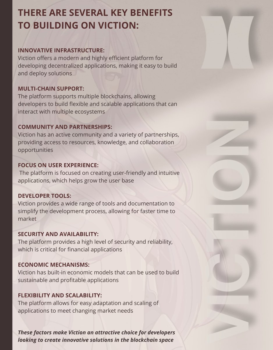 🚀 Build on Viction for:  

Easy dApps 🌐
Multi-Chain Flexibility 🔗
Active Community 🤝
User-Friendly Design 😊
Fast Development Tools ⚙️
High Security 🔒
Sustainable Economics 🌱
Scalability 📈

Join the <a href="/BuildOnViction/">Viction</a> revolution!

🌟 #Blockchain #Viction