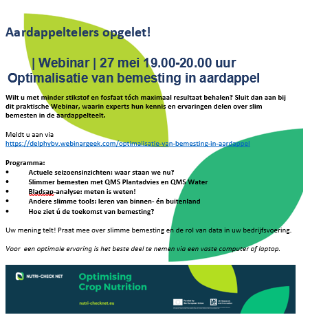 DelphyNL (@delphynl) on Twitter photo Meldt u aan voor het webinar op 27 mei 19.00uur over Optimaal bemesten in aardappel 🥔🌱
delphybv.webinargeek.com/optimalisatie-…
- bouwsteen
- plantniveau
- groei
- marges
- financiën
- Optimalisatie
- Oogst
- toekomst
<a href="/NUTRICHECKNET/">NUTRI-CHECK NET</a> <a href="/DelphyAkkerbZW/">Delphy Akkerbouw ZW</a> <a href="/DelphyNoordoost/">Delphy Akkerbouw NO</a> <a href="/DelphyOnderzoek/">Delphy Akkerbouw Onderzoek</a> Meldt u aan voor het webinar op 27 mei 19.00uur over Optimaal bemesten in aardappel 🥔🌱
delphybv.webinargeek.com/optimalisatie-…
- bouwsteen
- plantniveau
- groei
- marges
- financiën
- Optimalisatie
- Oogst
- toekomst
<a href="/NUTRICHECKNET/">NUTRI-CHECK NET</a> <a href="/DelphyAkkerbZW/">Delphy Akkerbouw ZW</a> <a href="/DelphyNoordoost/">Delphy Akkerbouw NO</a> <a href="/DelphyOnderzoek/">Delphy Akkerbouw Onderzoek</a>