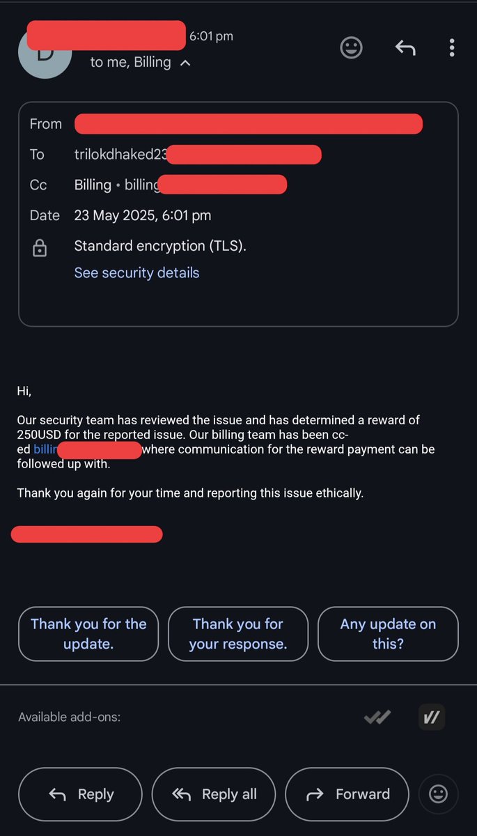 Tr1l0kDh4k3d's tweet photo. Radhe Krishna ❣️ Bounty  
Happy to secure 🔐 ✅
#web #bugbounty #informationsecurity #bughunter 
#infosec #redteaming #Vulnerability #bugbounty #hacking #securityanalytics #threatintel #threathunting  #detectionengineering https://t.co/T4VPlHmYjW