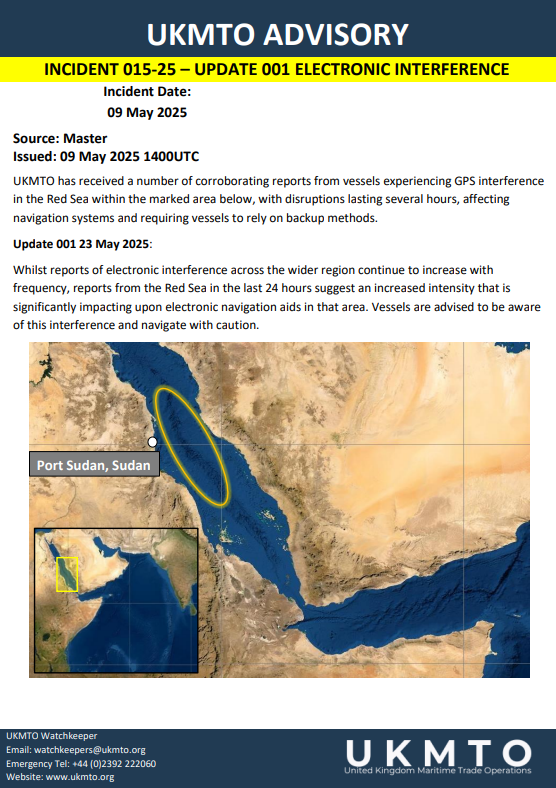UKMTO ADVISORY INCIDENT 015-25 – UPDATE 001 ELECTRONIC INTERFERENCE

ukmto.org/-/media/ukmto/…

#MaritimeSecurity #MarSec