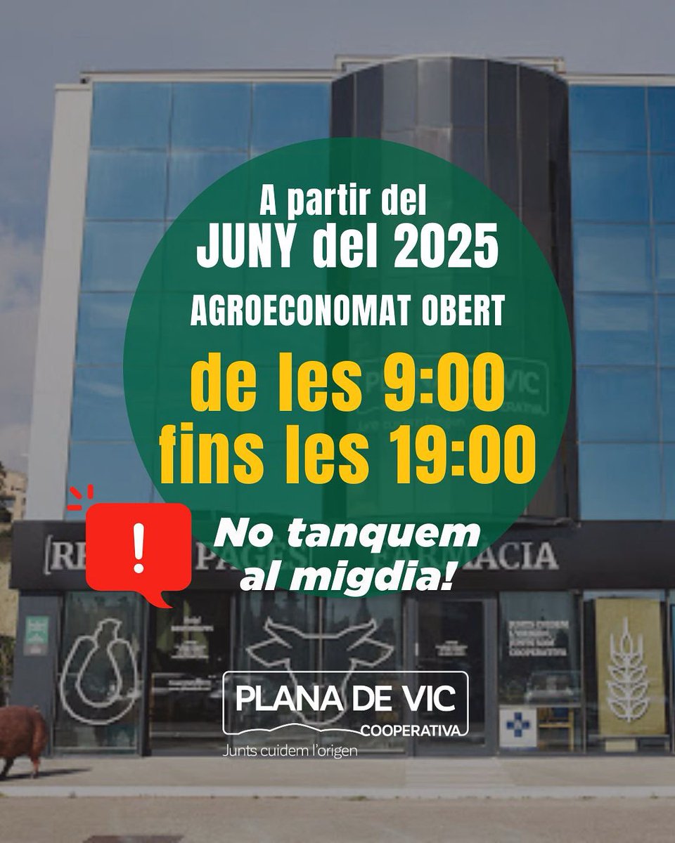 Nou horari de l’Agroeconomat!*🕘➡️🕖

A partir d’aquest mes de juny:

🛒 Estarem oberts de 9:00 a 19:00, sense tancar al migdia.

T’hi esperem! 🤝