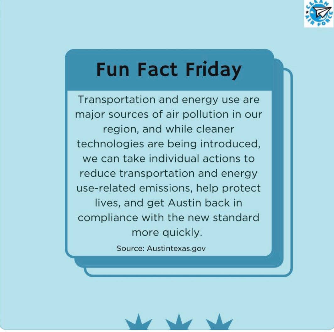 CleanAirForceTX's tweet image. 🌍 Fun Fact Friday 🌍

Did you know? Transportation and energy use are major contributors to air pollution in our region. Every time we drive our cars, use electricity, or heat our homes, we contribute to the emissions that affect our air quality. 

#CleanAirForce #FactFriday