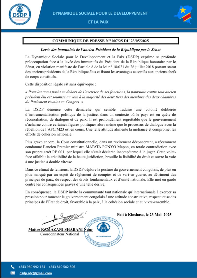NuurShabani's tweet photo. Levée des immunités de #Kabila
Le régime en place foule aux pieds tous les processus de paix, viole nos lois et provoque la démocratie, la paix et le vivre ensemble. La #DSDP appelle la communauté à faire pression au régime en vue de le ramener à la raison. https://t.co/XziNzj5X4S