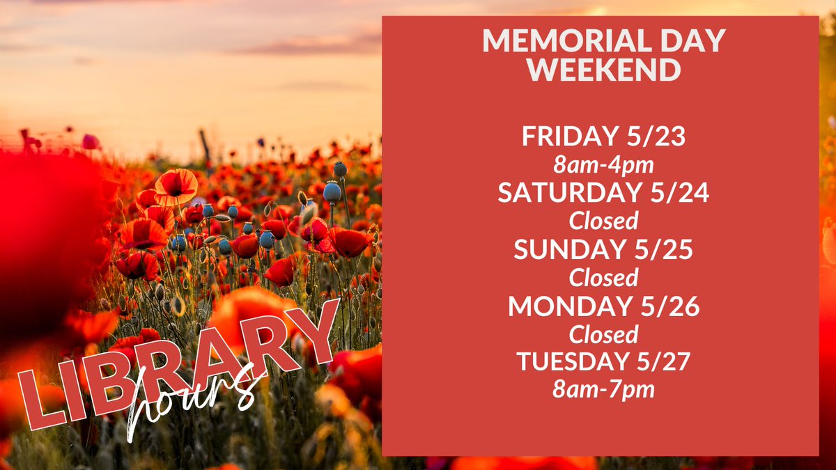 BentleyLibrary's tweet image. Bentley Library will be closed for the entirety of Memorial Day Weekend. We will reopen at 8am on Tuesday May 27th. Fingers crossed the weather improves and we get some good BBQ weather! Enjoy the weekend, Falcons!