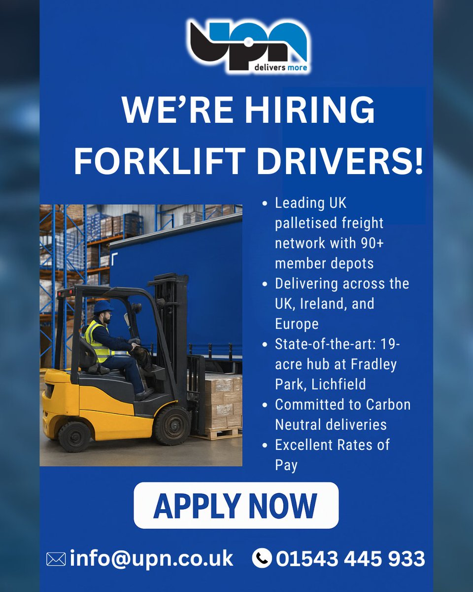 Drive Change. Lift the Future. 🚀

UPN is Hiring Forklift Drivers – Join the UK’s Leading Sustainable Pallet Network

At United Pallet Network (UPN), we’re setting the standard for high-quality, sustainable logistics. Between April 2024 and March 2025 alone, we offset 28,500