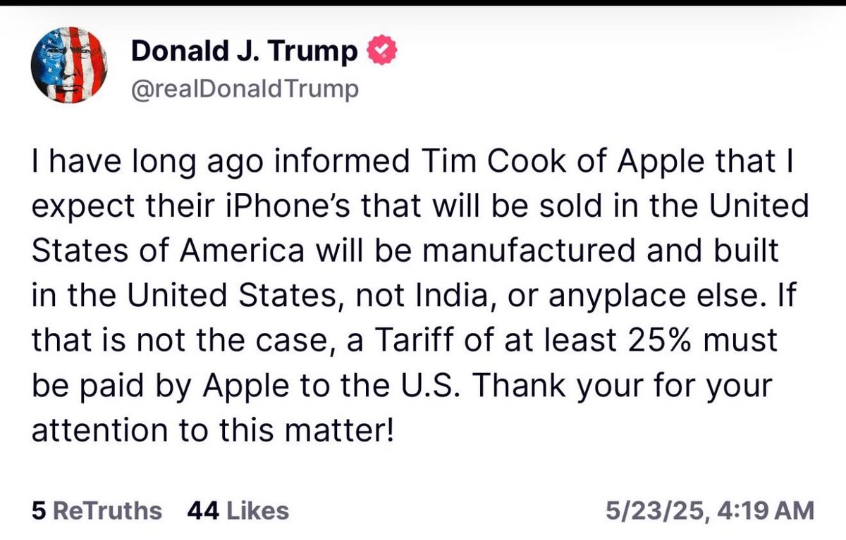 Trump trying to crash the market again … 

Issue is tho by the time $aapl creates their manufacturing plan in USA 🇺🇸 then trumps term will be over …. Unless his son shows up . 

Another thing is - why not just pay the tariff ? Cause I bet it still saves aapl money with lower
