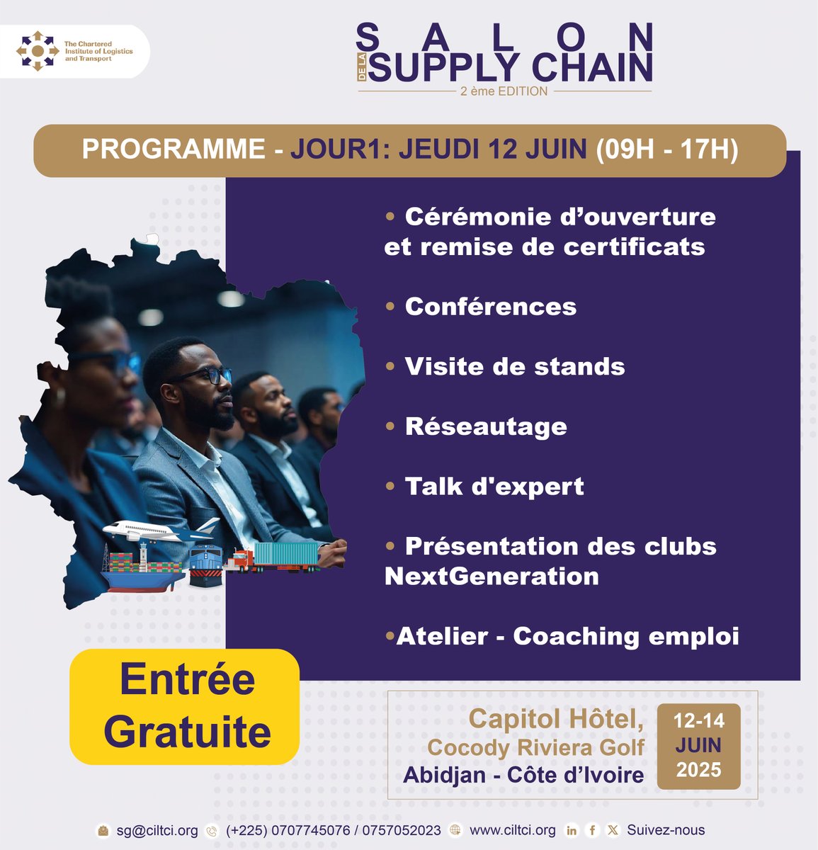 cilt_ci's tweet photo. 📦  𝐉𝐨𝐮𝐫 𝟏 - 𝐒𝐚𝐥𝐨𝐧 𝐝𝐞 𝐥𝐚 𝐒𝐮𝐩𝐩𝐥𝐲 𝐂𝐡𝐚𝐢𝐧 - 𝟐𝐞̀𝐦𝐞 𝐄́𝐝𝐢𝐭𝐢𝐨𝐧

Participez à une journée 100% dédiée à l’univers de la logistique et du transport.  

#SupplyChain #CILT #Logistique #Transport #NextGeneration #Coaching #Networking #CILTCI https://t.co/byp303Ym90