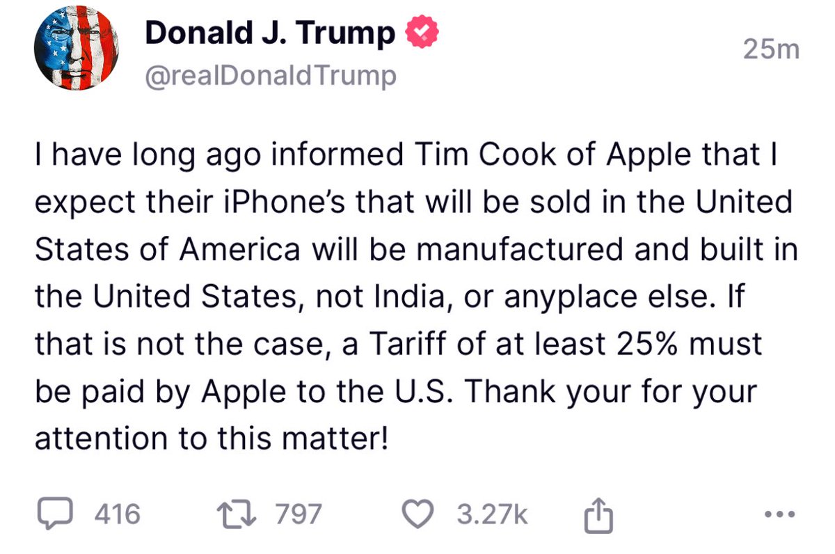 burrytracker's tweet photo. JUST IN: Apple plummets 3% in pre-market after Trump warns of 25% tariffs unless iPhones are made in the USA. 

That’s nearly $90 billion in market cap wiped out https://t.co/RrRl9C3sxd